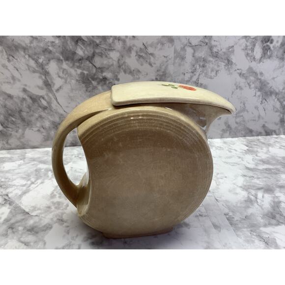 Vintage Ceramic Disc Pitcher - with Lid - Tan with Red Rose Detailing - Picture 4 of 8